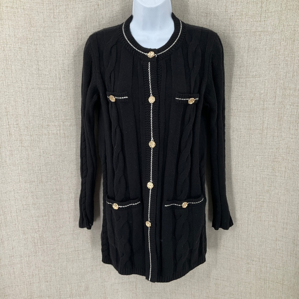 Talbots Cardigan Sweater Womens S Black Wool Blend Cable Knit Gold Button Luxe